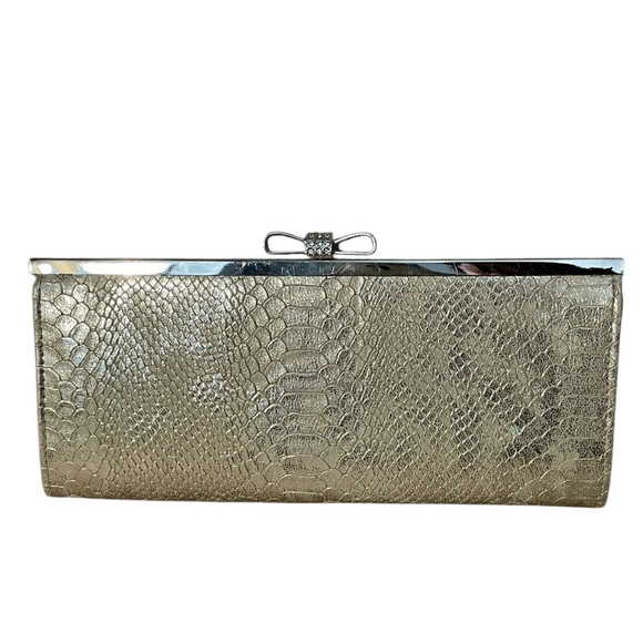 INC International Concepts Gold Snakeskin Rhinestone Bow Clutch - Picture 1 of 7
